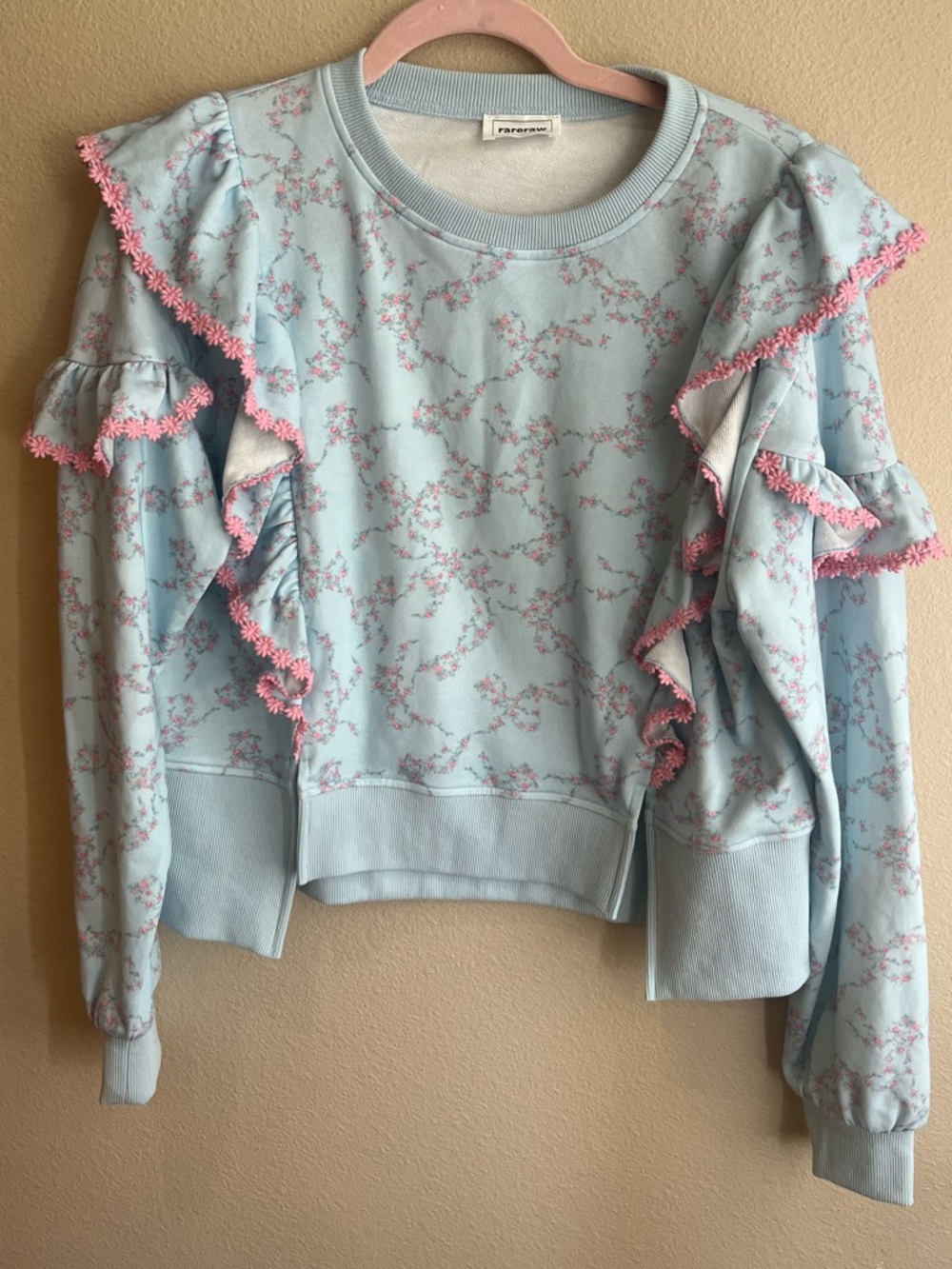 Light Blue Floral Ruffle Sweatshirt with Pink Trim